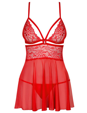 Průsvitný červený babydoll s krajkou Obsessive + tanga
