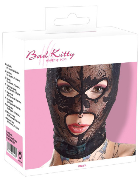 Krajková maska na hlavu s otvory na oči a ústa Bad Kitty
